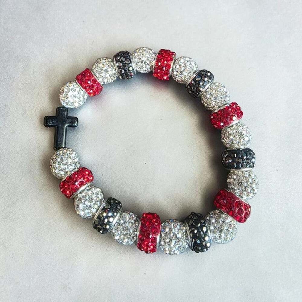 Black Cross Pavé Rhinestone Disco Ball Beaded Stretch Bracel